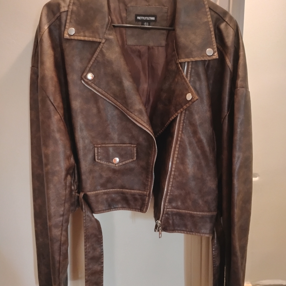 PrettyLittleThing Distressed Brown Leather Jacket